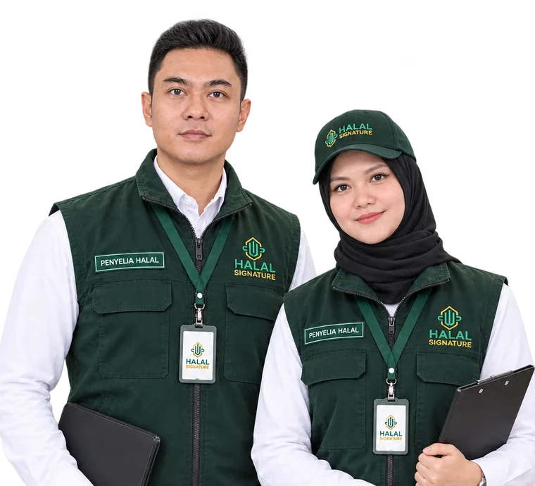 Dua penyelia halal Signature Halal mengenakan rompi, topi, dan kartu identitas seragam, membawa tablet dan papan dokumen